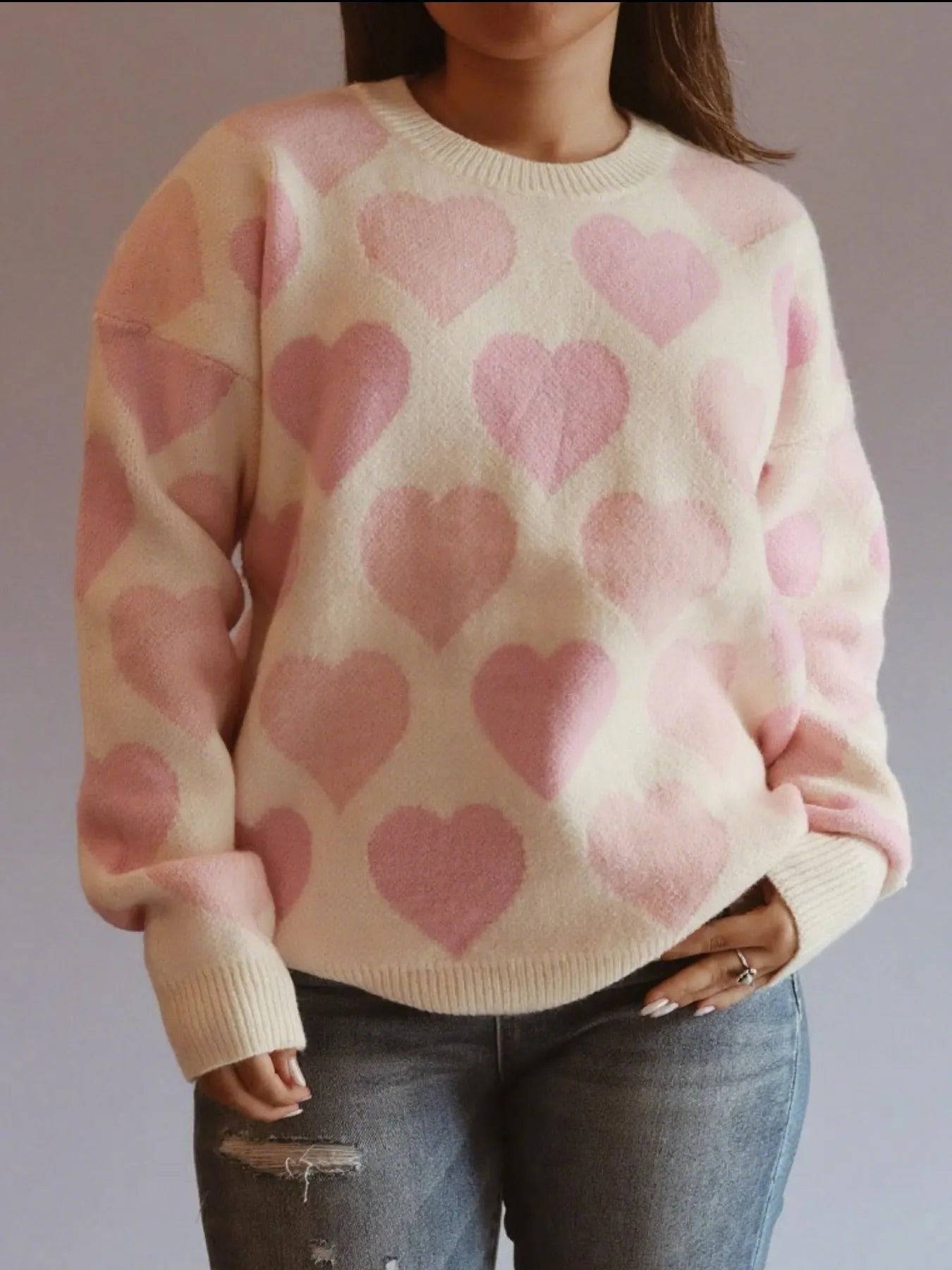 Heart Ribbed Hem Long Sleeve Sweater | Sweaters Daverri Fashions