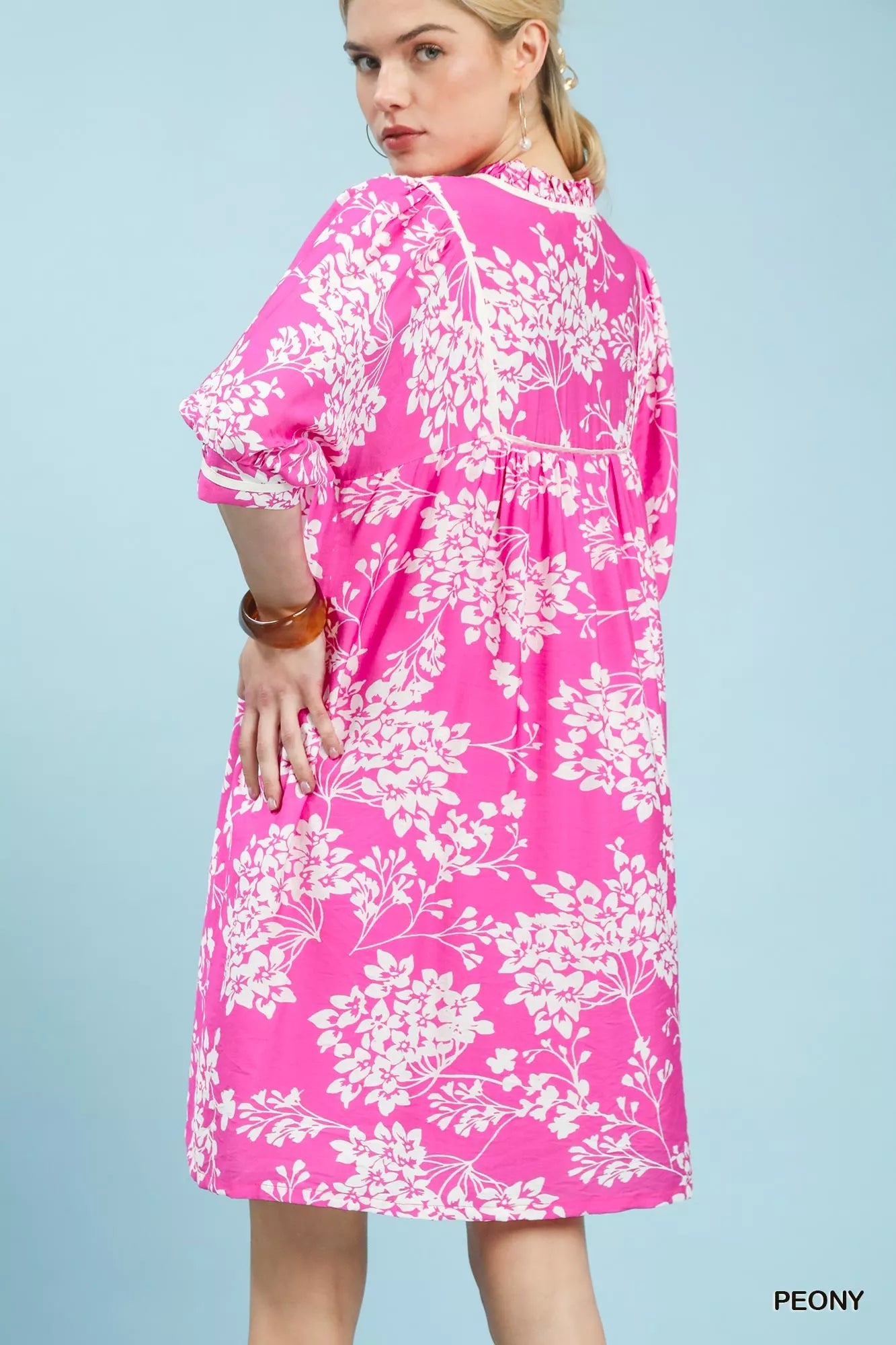 Umgee floral babydoll peony print dress with pockets, pink and flowing