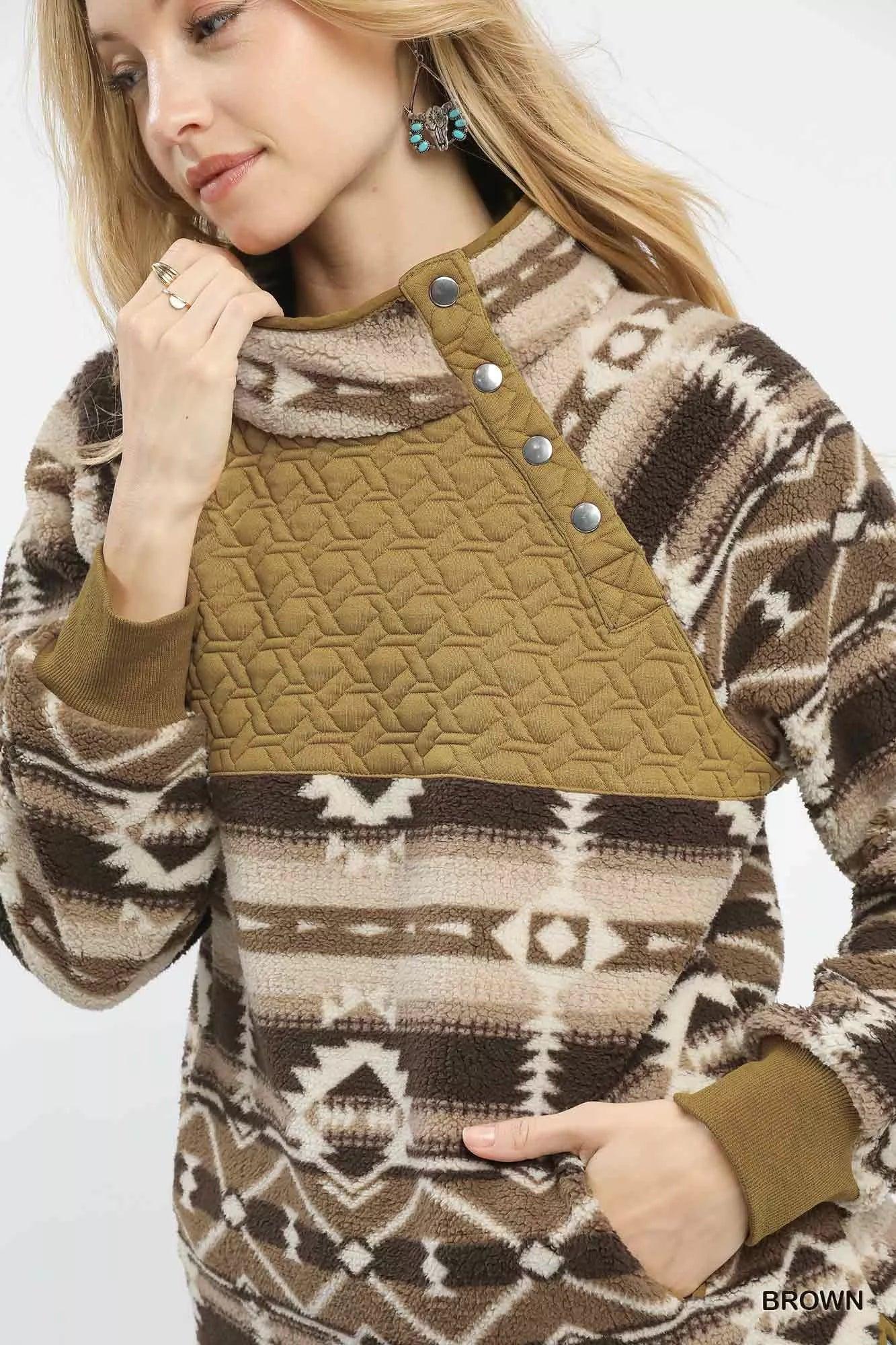 Umgee Aztec Print Sherpa Pullover - DAVERRI FASHIONS