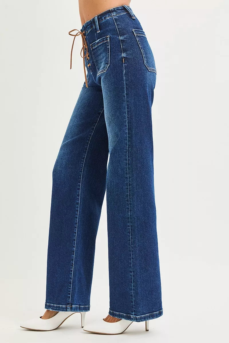 RISEN Full Size High Rise Wide Leg Jeans with Front Tie Detail Plus Size | Jeans Daverri Fashions