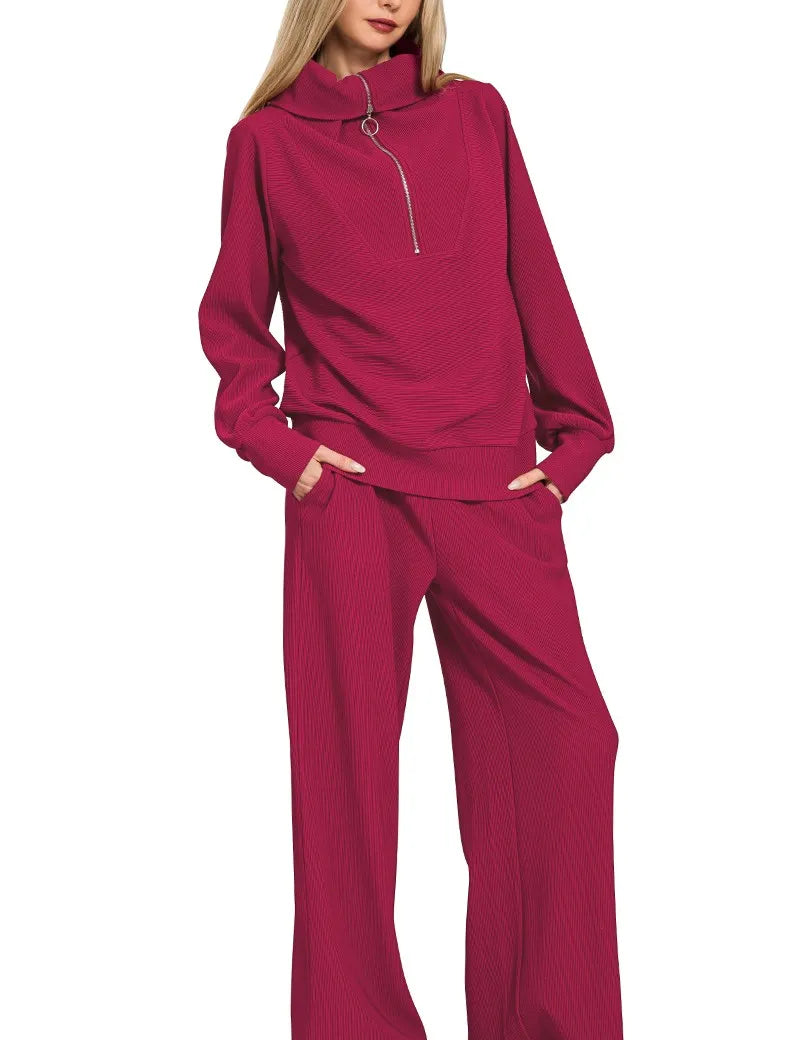 Zenana Ribbed High Neck Half Zip Pullover & Pants Set | Loungewear Sets Daverri Fashions