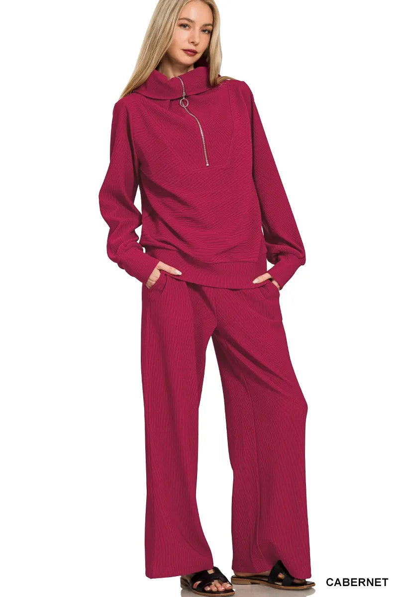 Zenana Ribbed High Neck Half Zip Pullover & Pants Set | Loungewear Sets Daverri Fashions