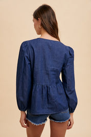 Annie Wear Tie Front Peplum Long Sleeve Denim Top Tops