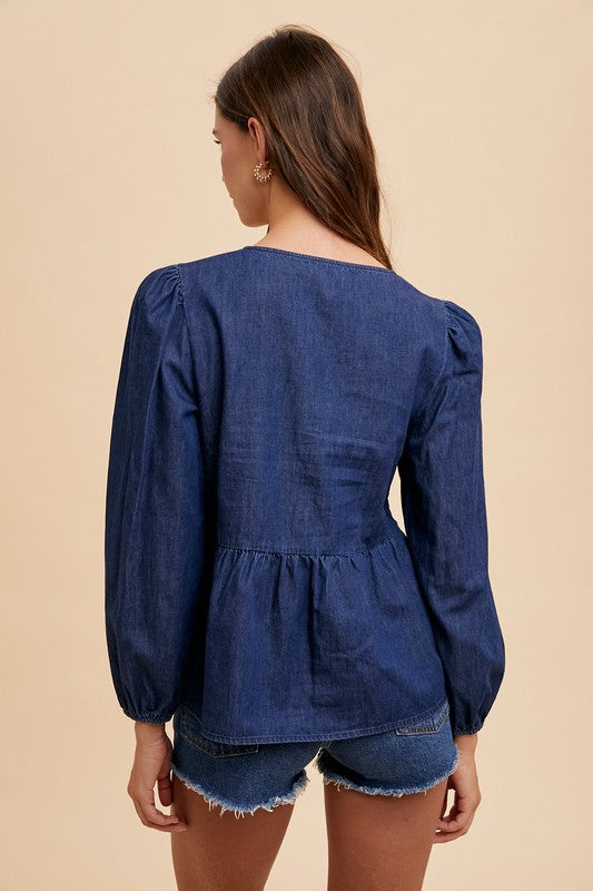 Annie Wear Navy Tie Front Peplum Long Sleeve Denim Top Tops