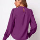 Purple ruched mock neck long sleeve blouse with puffed shoulders