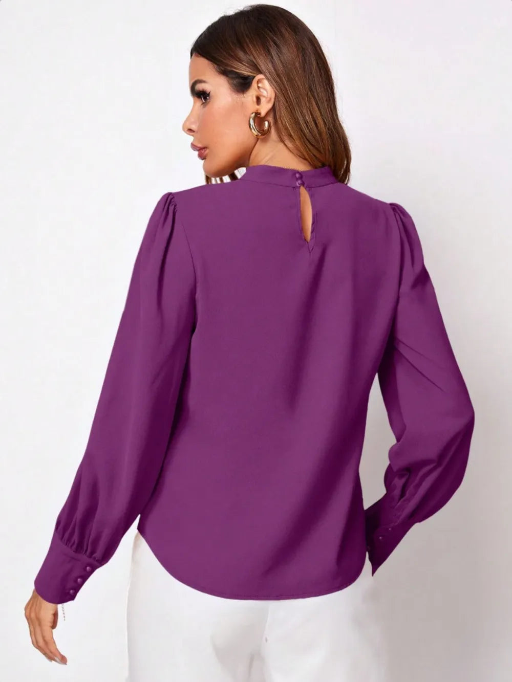 Purple ruched mock neck long sleeve blouse with puffed shoulders