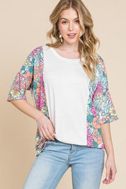 White BOMBOM Floral Round Neck Half Sleeve T-Shirt | Daverri Fashions