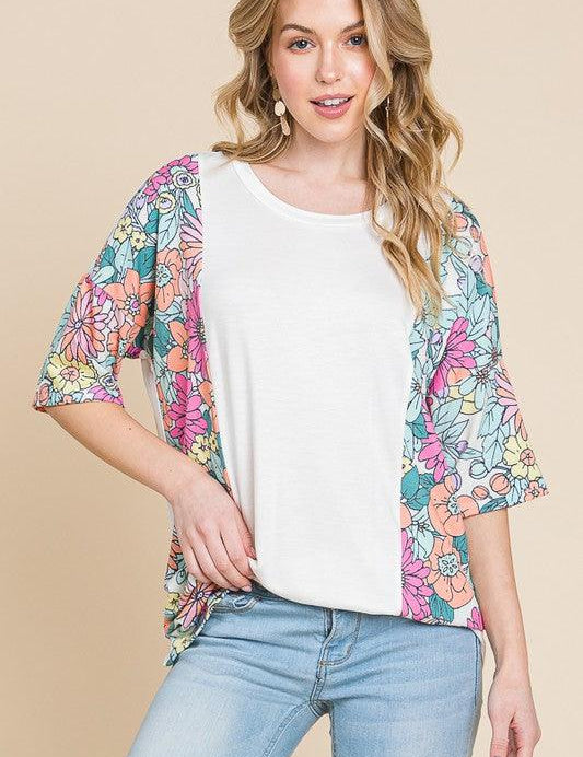 White BOMBOM Floral Round Neck Half Sleeve T-Shirt | Daverri Fashions
