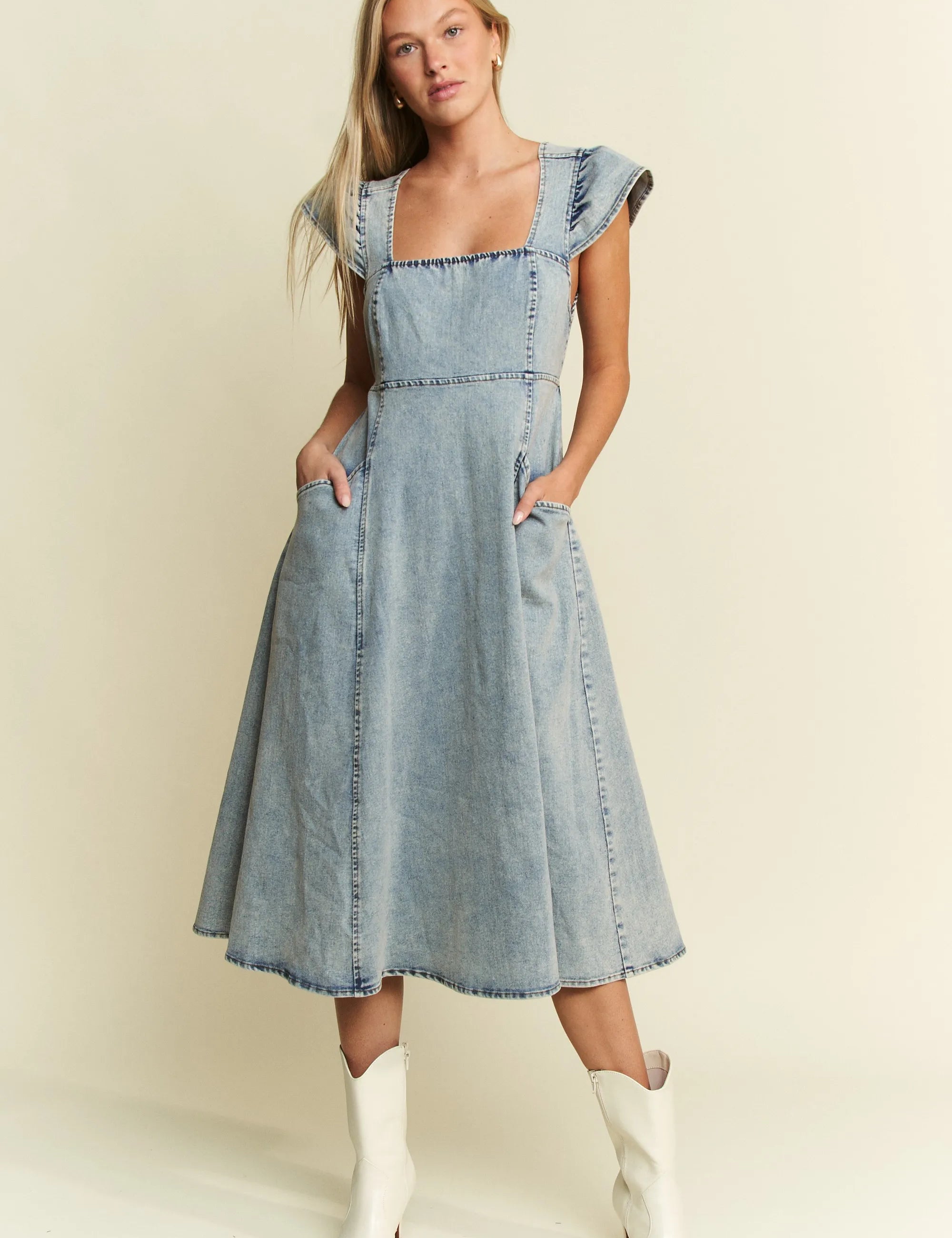 DENIM BLUE Jade By Jane Ruffled Denim Midi Dress | Midi Dresses Daverri Fashions