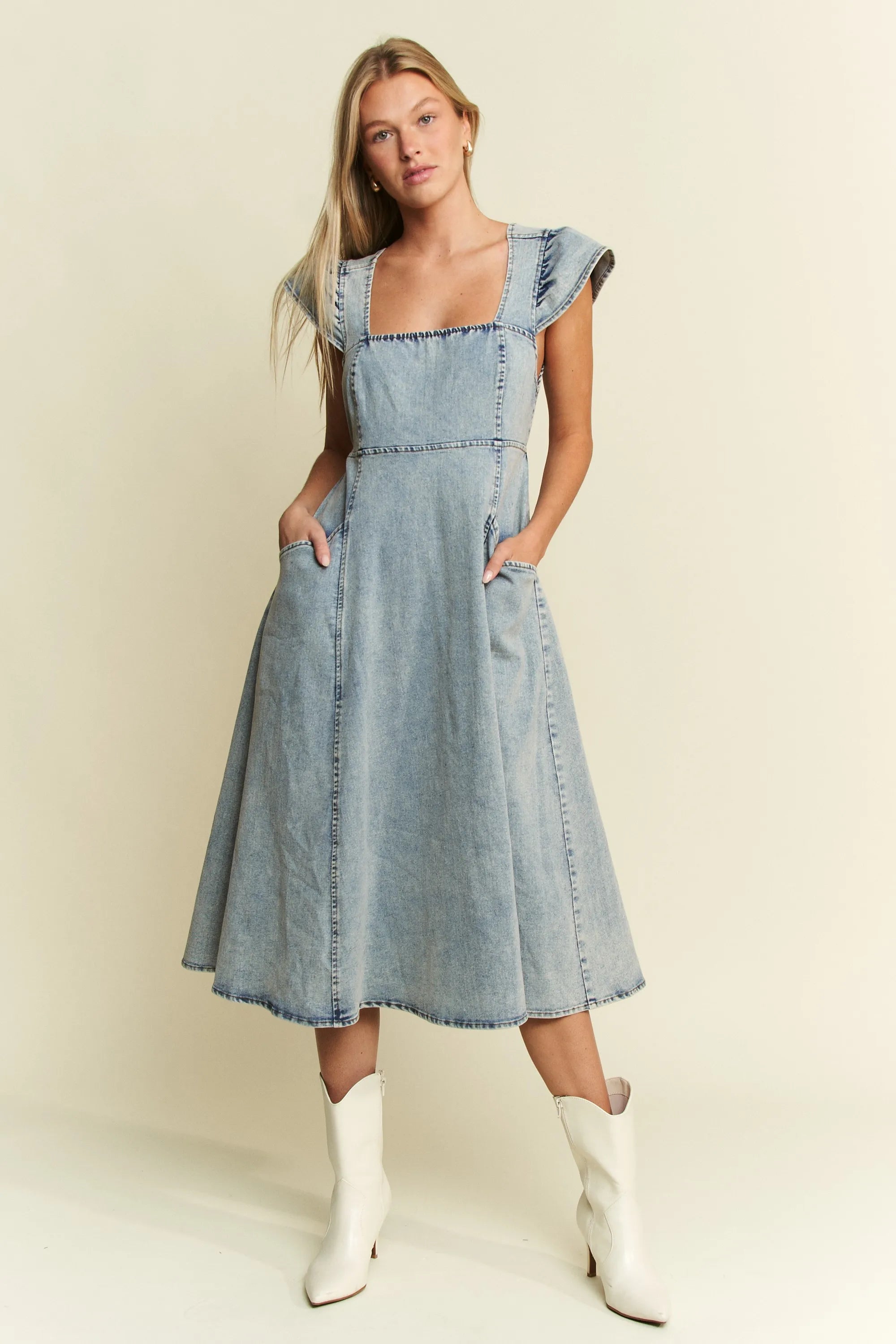 DENIM BLUE Jade By Jane Ruffled Denim Midi Dress | Midi Dresses Daverri Fashions
