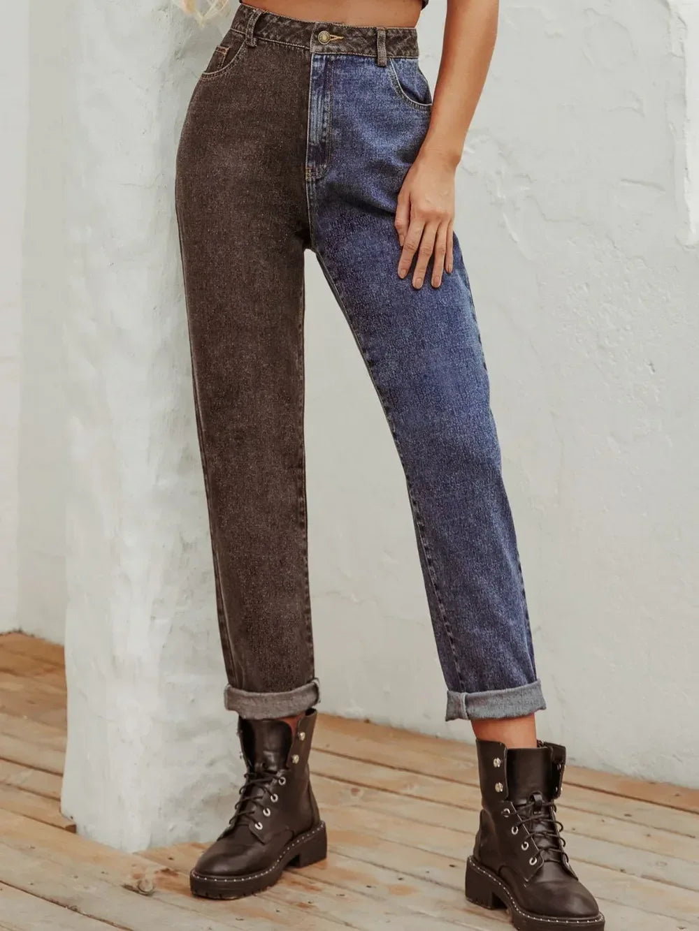 Two Tone Straight Leg Jeans - DAVERRI FASHIONS