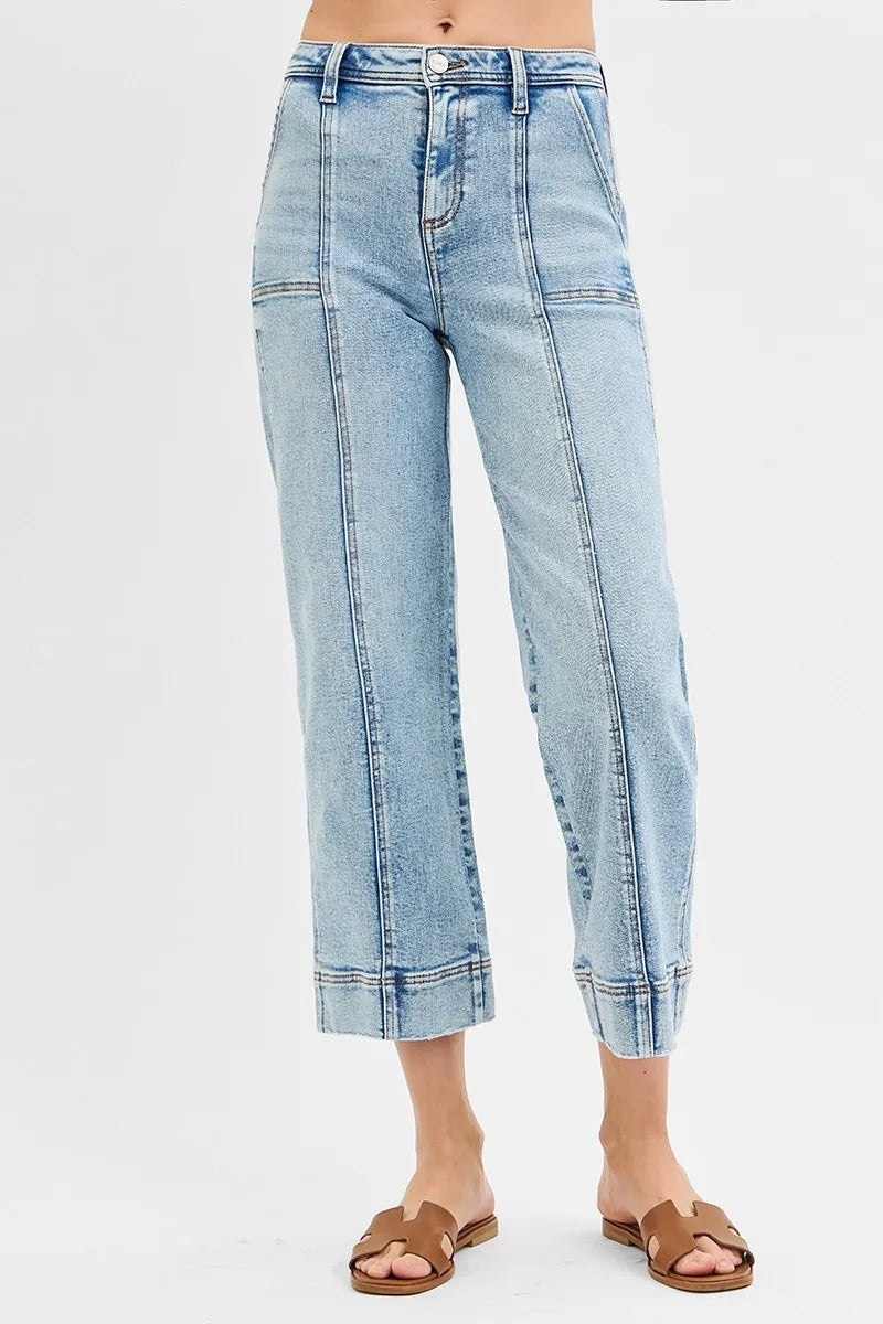 RISEN Full Size High Rise Crop Wide Front Seam Detailed Jeans Jeans