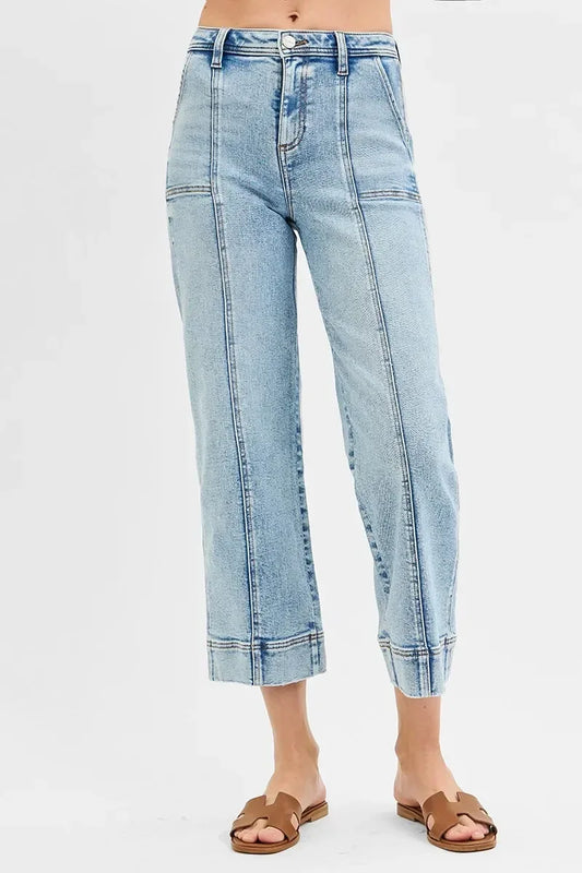 RISEN Full Size High Rise Crop Wide Front Seam Detailed Jeans - DAVERRI FASHIONS