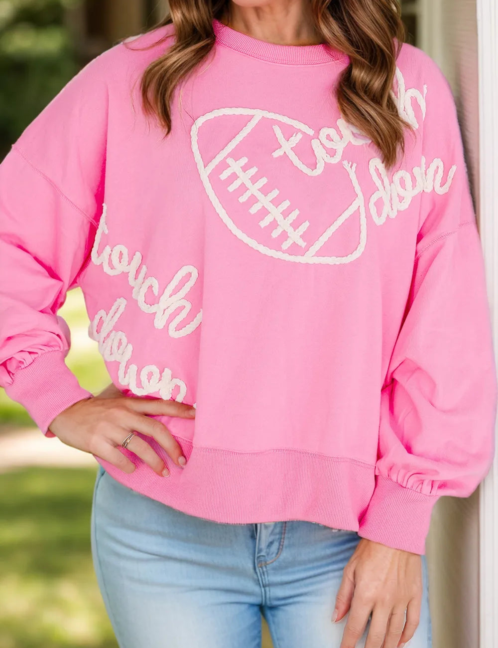 Blush Pink Football & Letter Round Neck Long Sleeve Sweatshirt | Sweatshirts Daverri Fashions