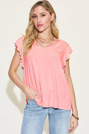 Blush Pink Basic Bae Full Size Bamboo Notched Ruffled Short Sleeve T-Shirt | T-Shirts Daverri Fashions