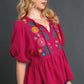 Umgee Full Size Cotton Gauze Floral Embroidery Babydoll Blouse Plus Size Blouses
