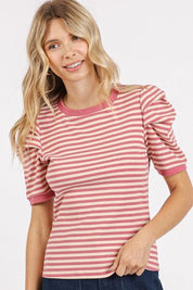 Mittoshop Striped Round Neck Puff Sleeve T-Shirt