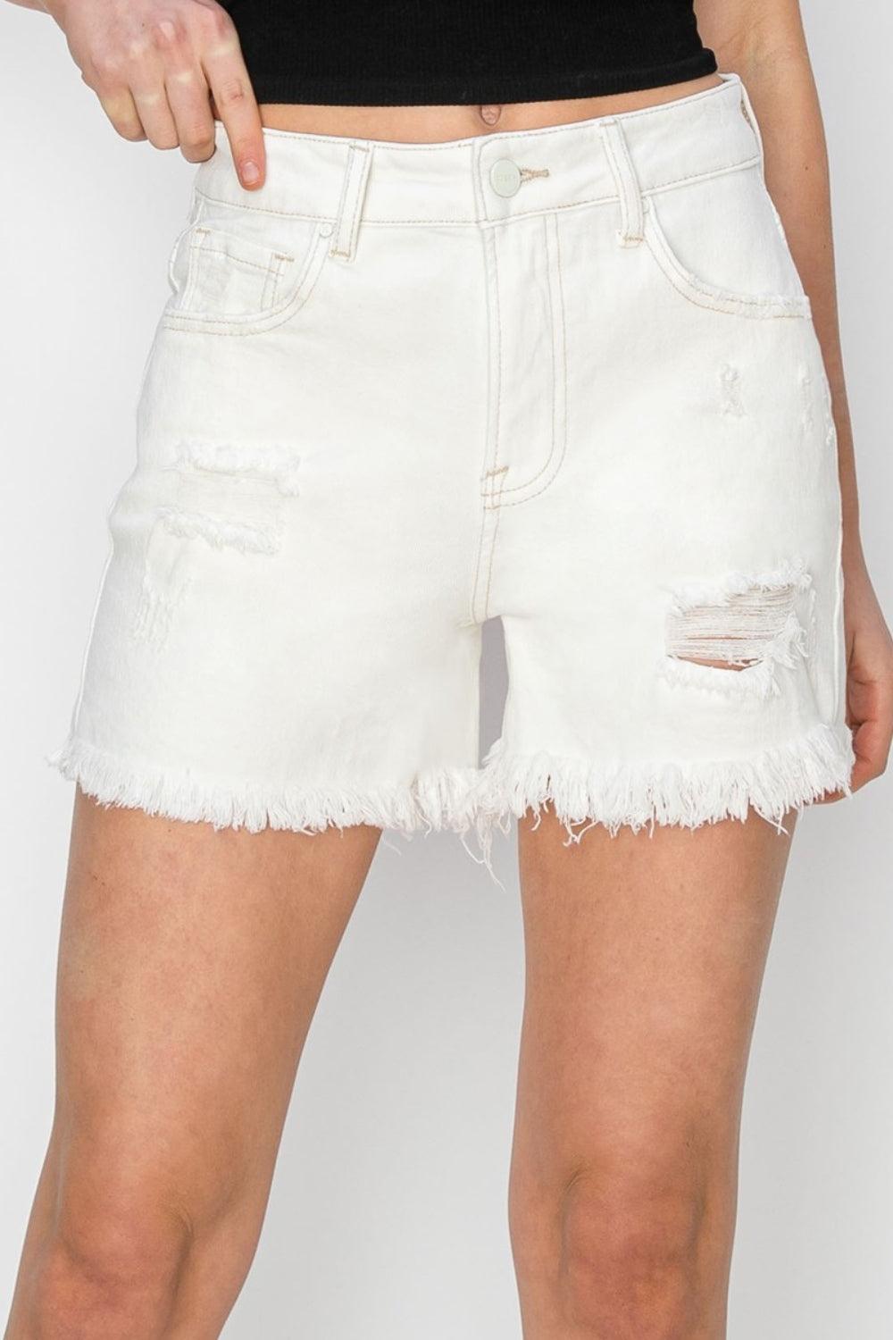 RISEN High Waist Ripped Denim Shorts Cream XL Denim Shorts