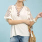 Umgee embroidered sleeve contrast trim top, cream boho with brown patterns