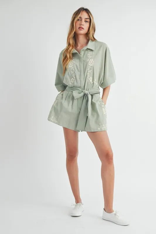 MABLE Embroidered Button Down Collared Neck Romper Rompers