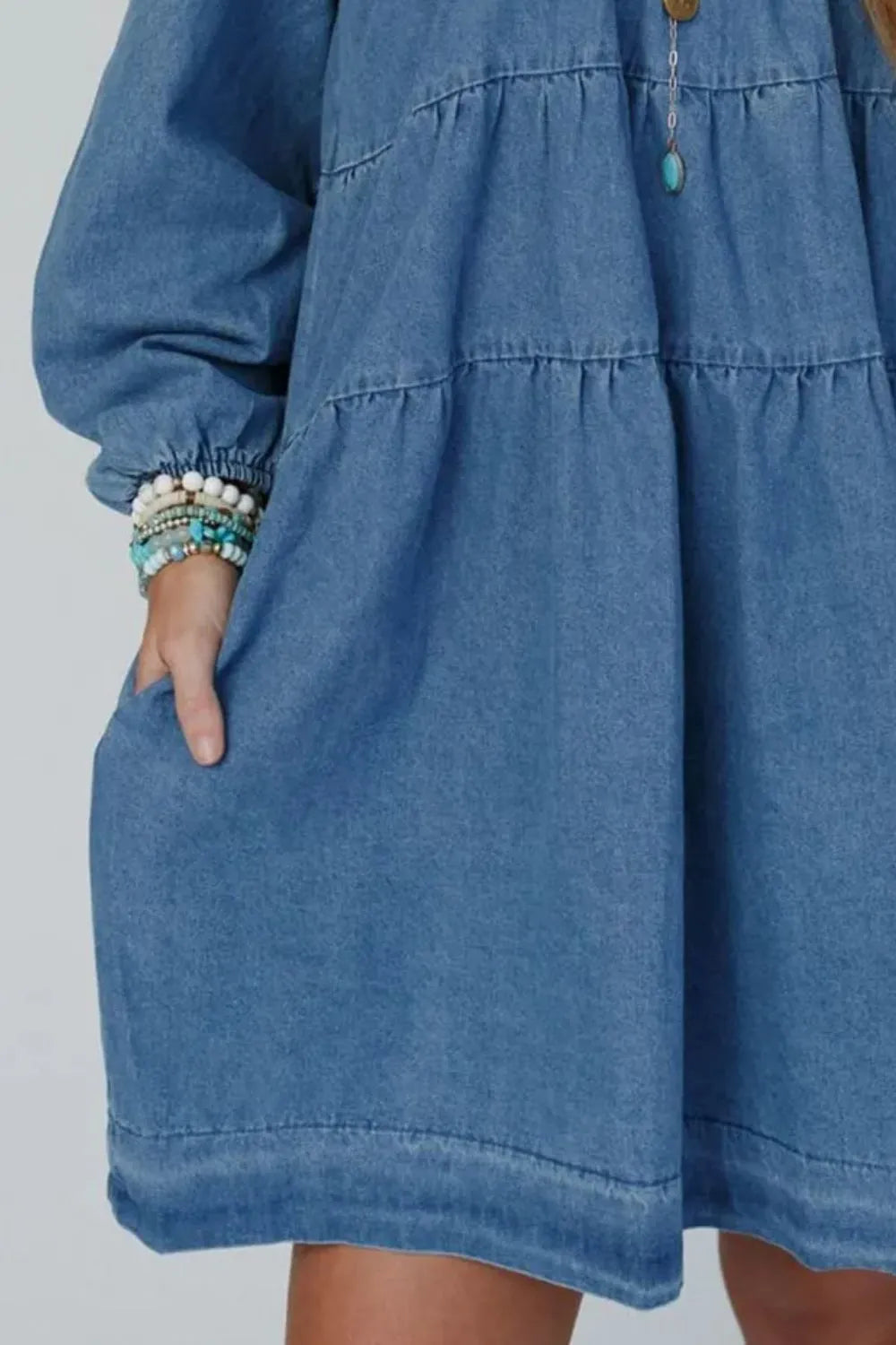 Tied Square Neck Long Sleeve Denim Dress with Pockets | Daverri Fashions