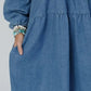 Tied Square Neck Long Sleeve Denim Dress with Pockets - DAVERRI FASHIONS