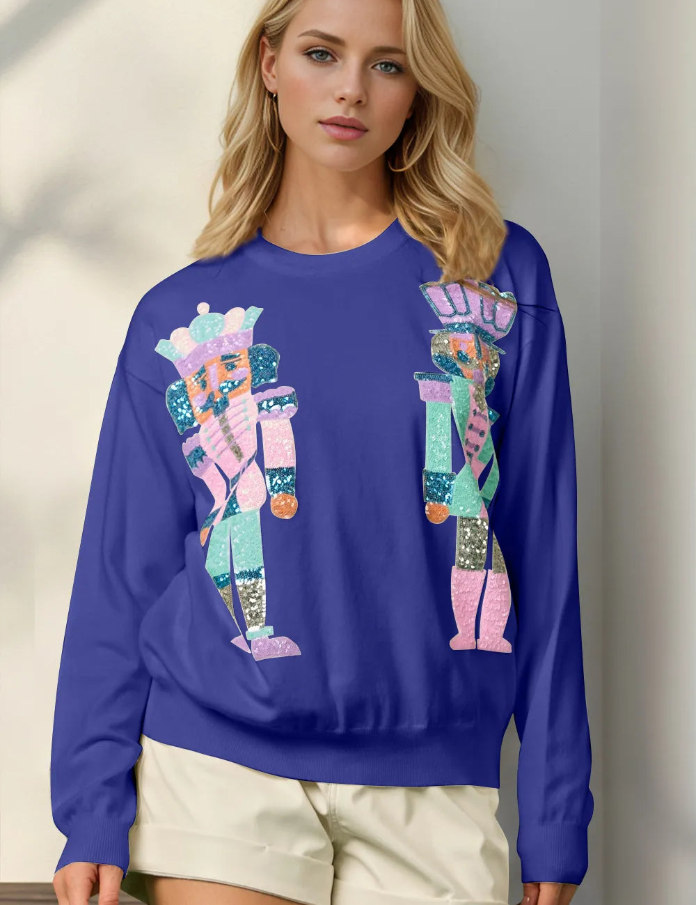 Royal Blue Double Take Full Size Sequin Nutcracker Long Sleeve Sweater | Sweaters Daverri Fashions