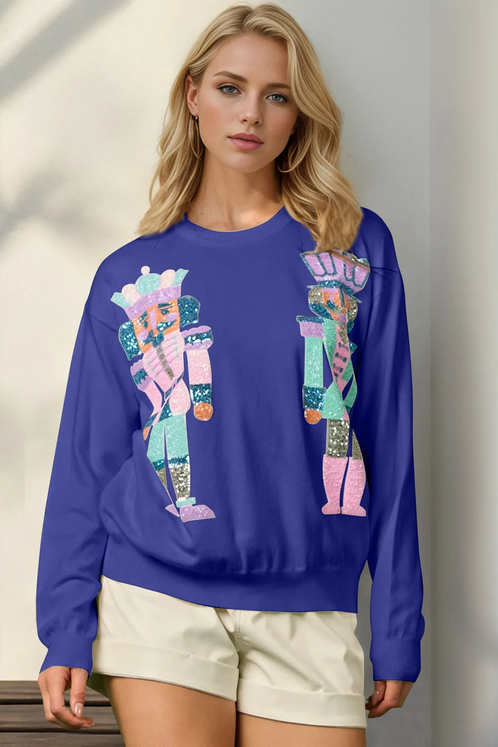 Royal Blue Double Take Full Size Sequin Nutcracker Long Sleeve Sweater | Sweaters Daverri Fashions