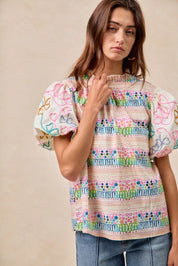BiBi Ruffle Neckline Blouse With Embroidery Bubble Sleeve | Daverri Fashions