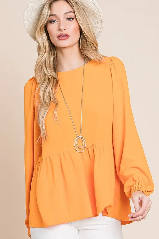 Lime 'N' Chili Round Neck Ruffle Hem Balloon Sleeve Blouse