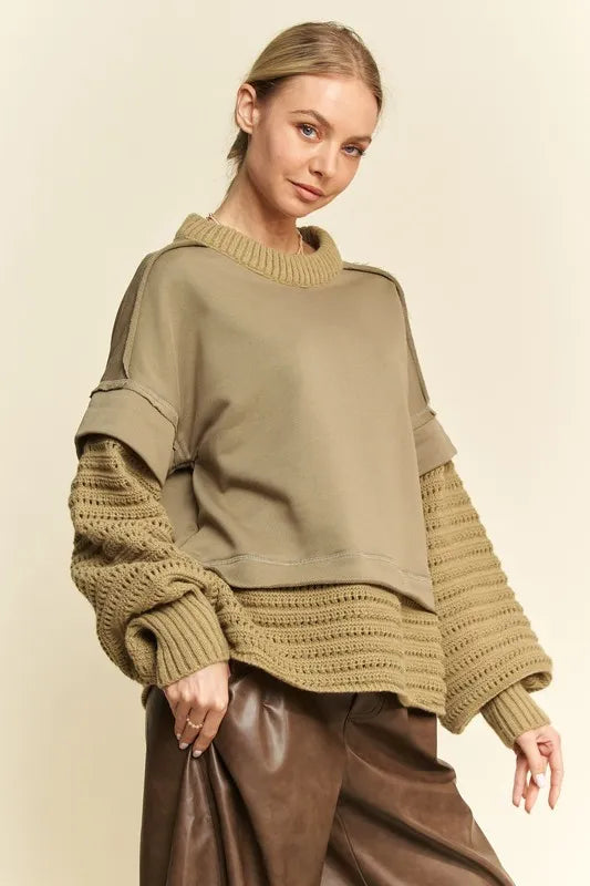 Davi & Dani faux layered olive green knit sweater with ribbed cuffs