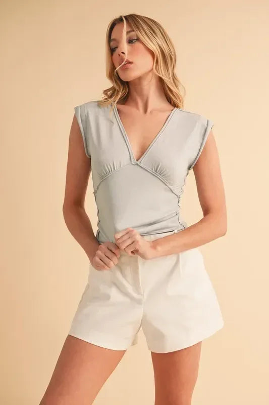 Aemi+Co V-Neck Cap Sleeve Cropped Top - DAVERRI FASHIONS