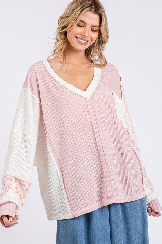 SAGE + FIG Floral Long Sleeve V-Neck Waffle Knit Top