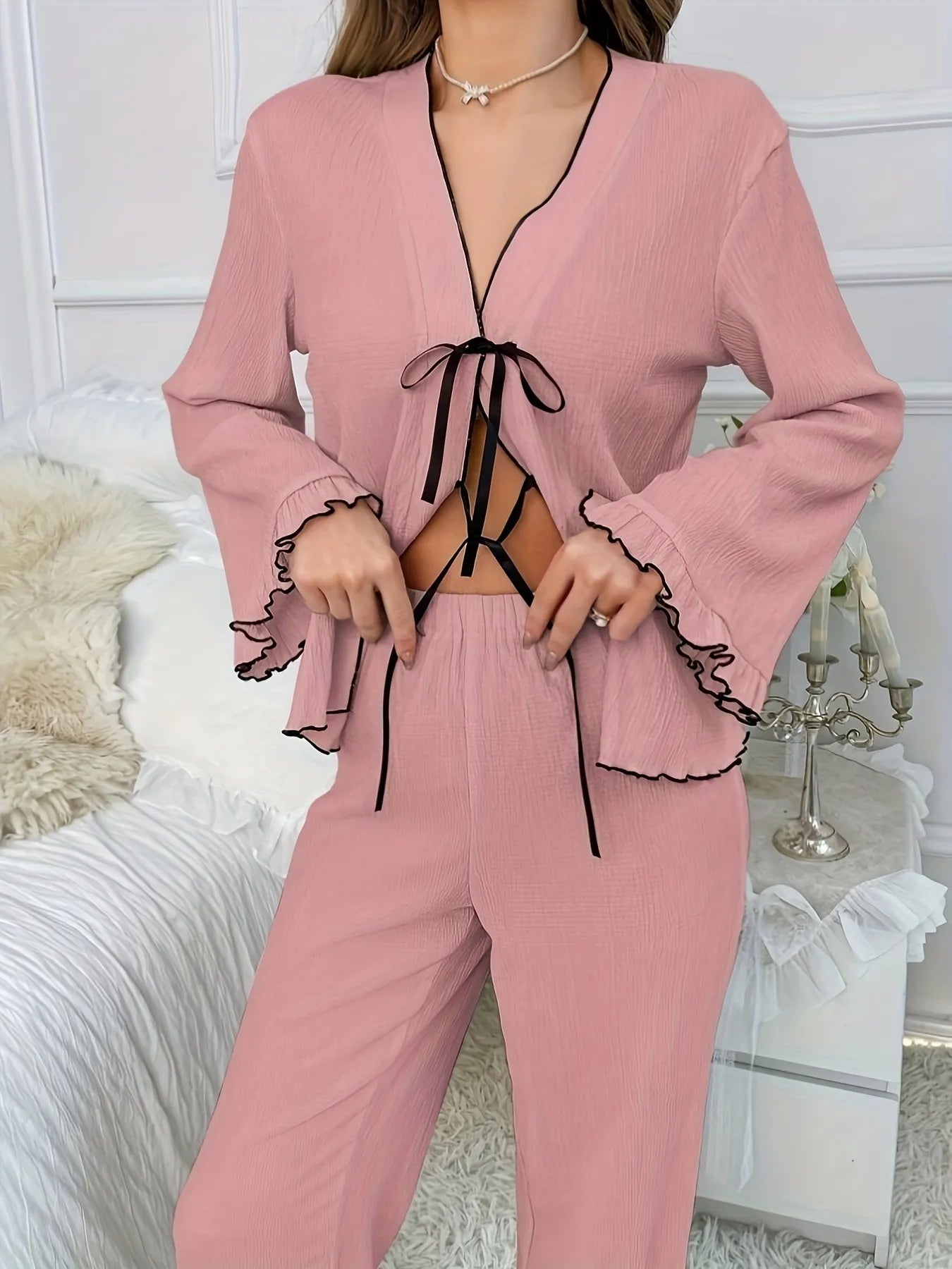 Contrast Trim Bow Tie Shirt and Pants Lounge Set | Loungewear Sets Daverri Fashions