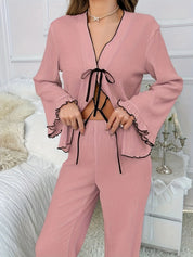 Contrast Trim Bow Tie Shirt and Pants Lounge Set | Loungewear Sets Daverri Fashions