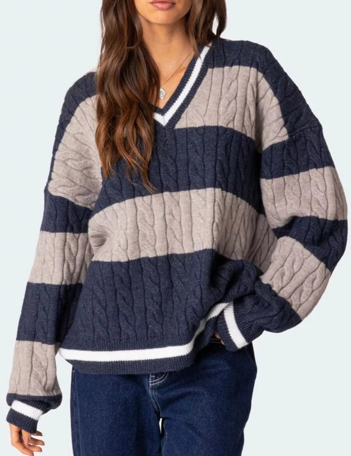 Navy Blue Striped Cable Knit V-Neck Sweater | Sweaters Daverri Fashions