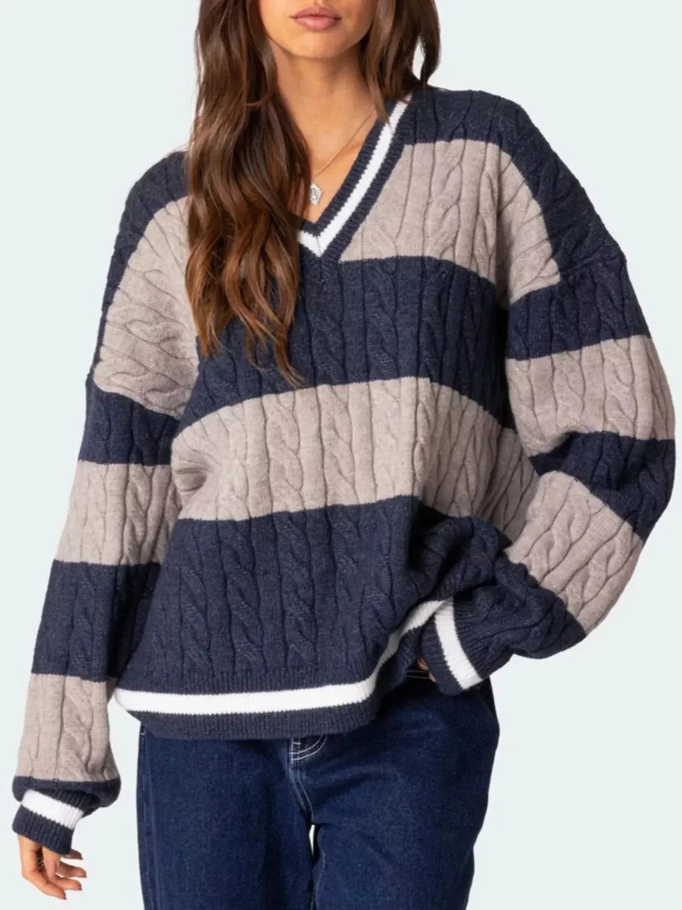 Striped Cable Knit V-Neck Sweater - DAVERRI FASHIONS