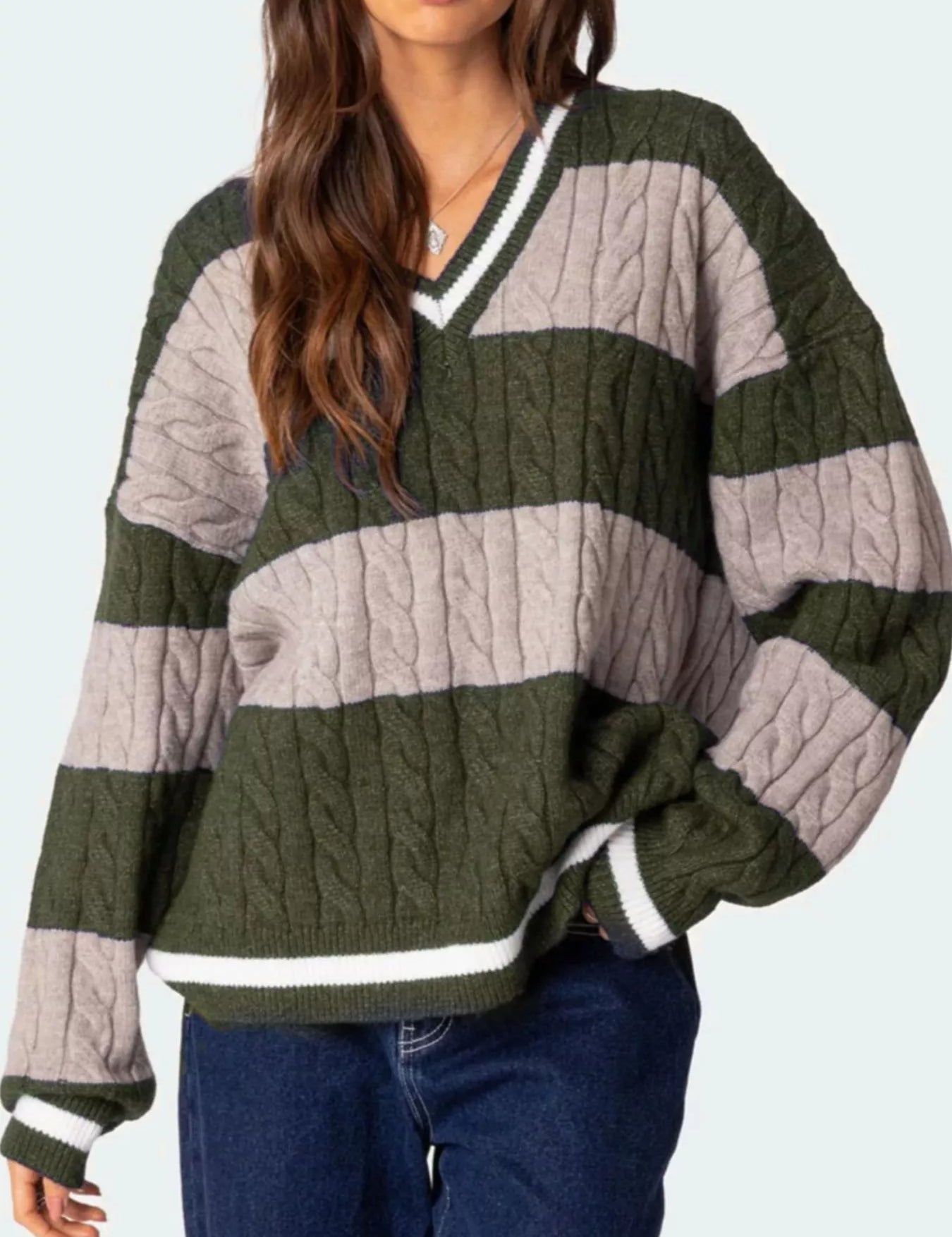 Army Green Striped Cable Knit V-Neck Sweater | Sweaters Daverri Fashions