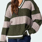 Striped Cable Knit V-Neck Sweater - DAVERRI FASHIONS