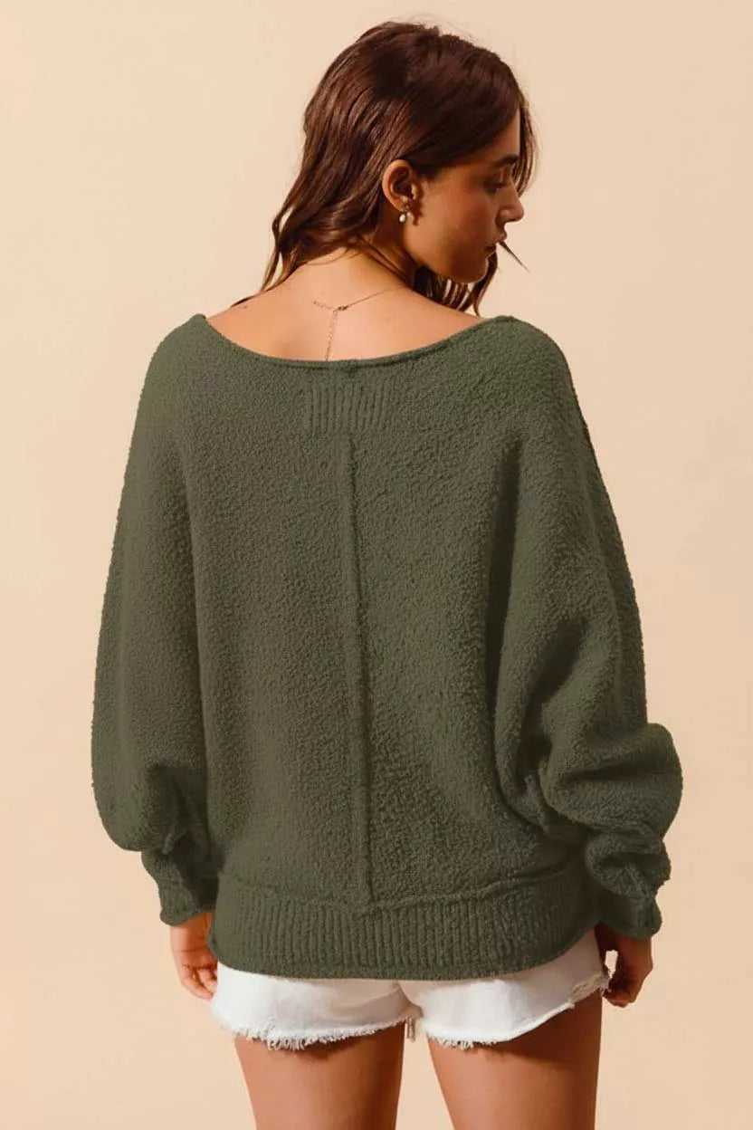 SO ME Loose Fit Exposed Seam Slouchy Boucle Sweater Olive | Sweaters Daverri Fashions