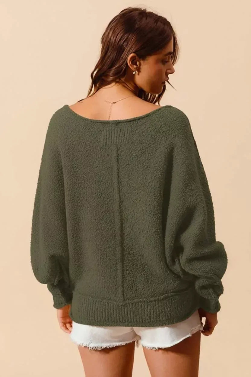 SO ME Loose Fit Exposed Seam Slouchy Boucle Sweater Olive - DAVERRI FASHIONS