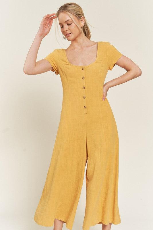 Button Down Short Sleeve Linen Jumpsuit Jumpsuits