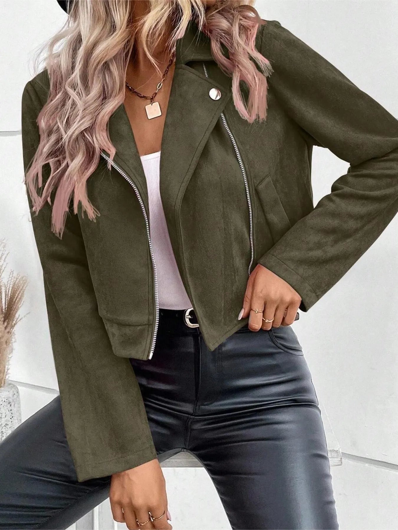 Zip Up Suede Cropped Moto Jacket | Jackets Daverri Fashions