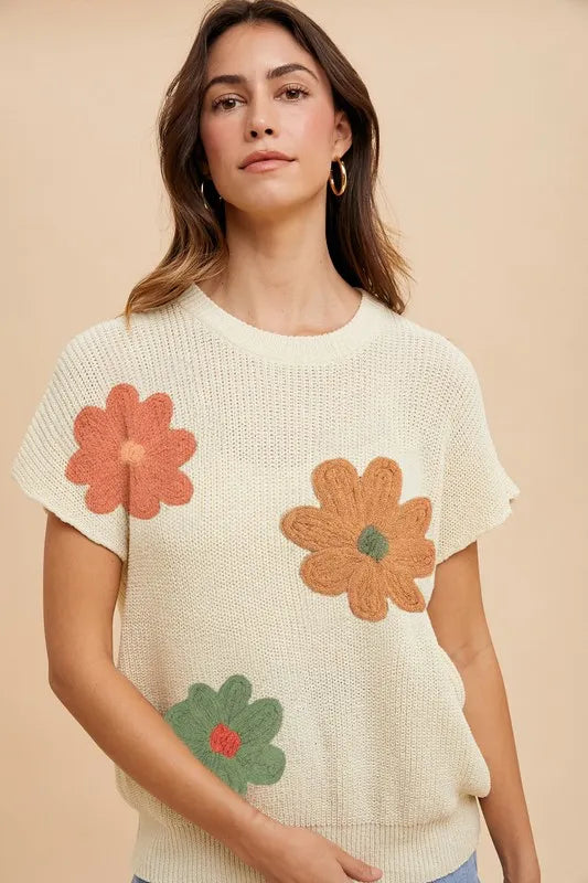 Annie Wear Large Flower Embo Dolman Sleeve Summer Sweater Top