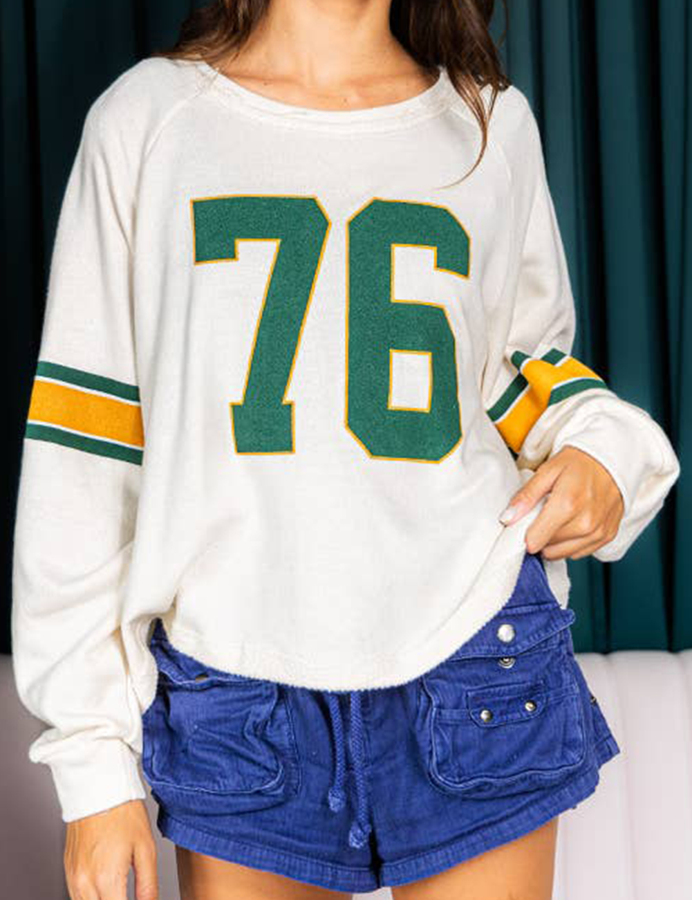 White 85%Polyester+10%Cotton+5%Elastane Number 76 Printed Retro Sporty Long Sleeve Top | Tops Daverri Fashions