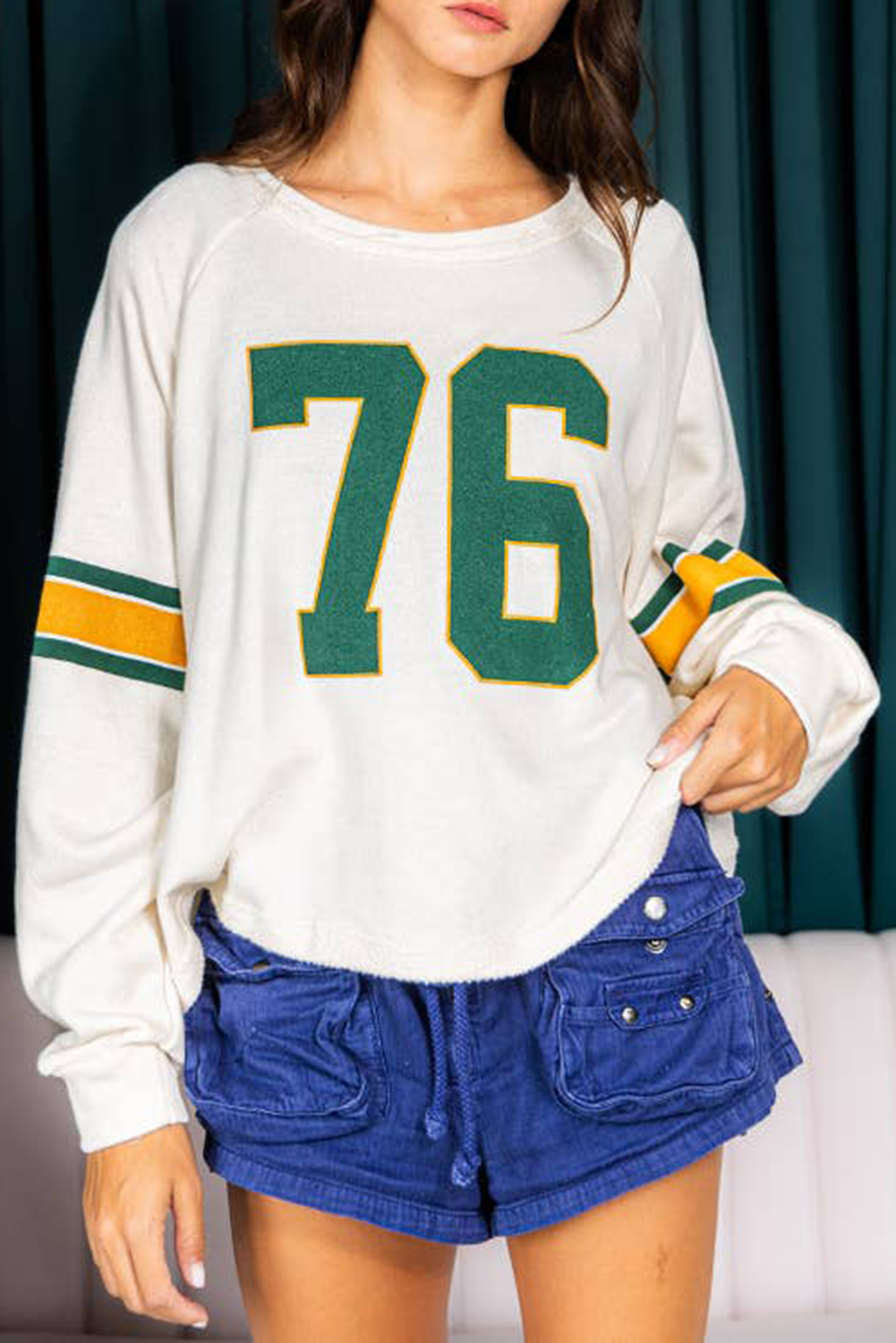 White 85%Polyester+10%Cotton+5%Elastane White Number 76 Printed Retro Sporty Long Sleeve Top | Tops/Long Sleeve Tops Daverri Fashions