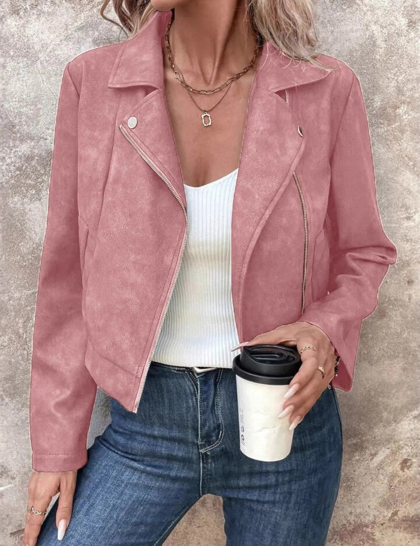 Pink Zip Up Suede Cropped Moto Jacket | Jackets Daverri Fashions