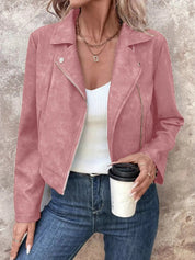 Pink Zip Up Suede Cropped Moto Jacket | Jackets Daverri Fashions