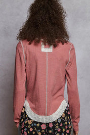 POL Contrast Round Neck Long Sleeve Ribbed Top with Eyelet Patch | Knit Tops Daverri Fashions