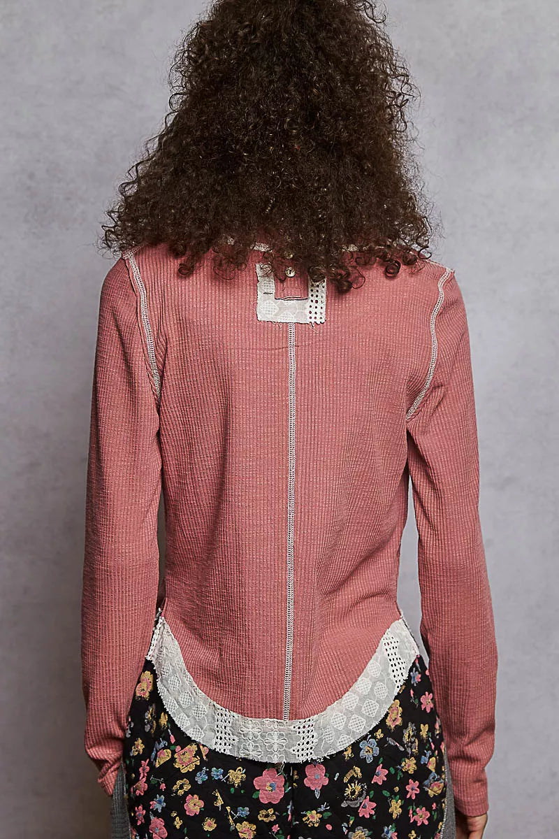 POL Contrast Round Neck Long Sleeve Ribbed Top with Eyelet Patch | Knit Tops Daverri Fashions